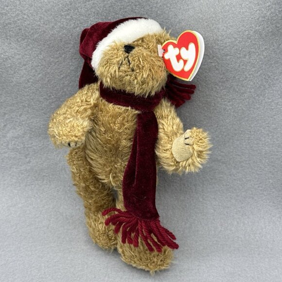 Jangle Fuzzy Brown Bear Attic Treasures Red Velvet Scarf Hat Bell TY Posable 8" - Picture 2 of 9